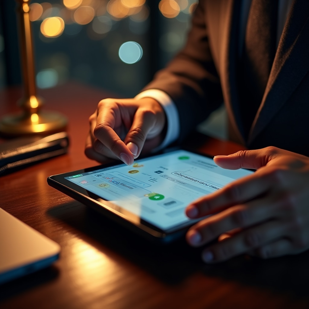 Close-up of hands using tablet showing secure digital payment processing interface with transaction confirmation