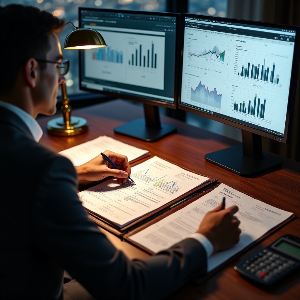 Financial analyst reviewing company valuation documents and spreadsheets on dual monitors in modern office