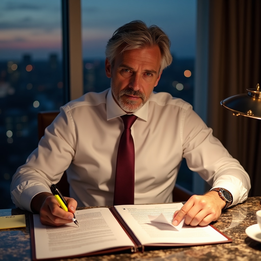 Business professional carefully reviewing investment documents and contracts with highlighter and notes