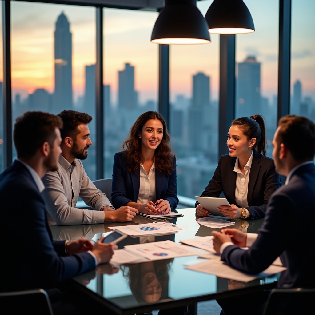 Professional business team reviewing crowdfunding documentation in modern office setting
