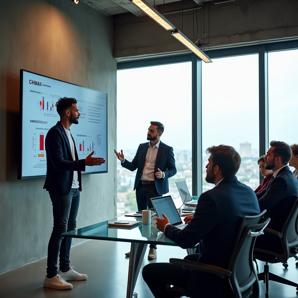 Entrepreneur presenting business pitch to diverse group of potential investors in modern conference room with projection screen